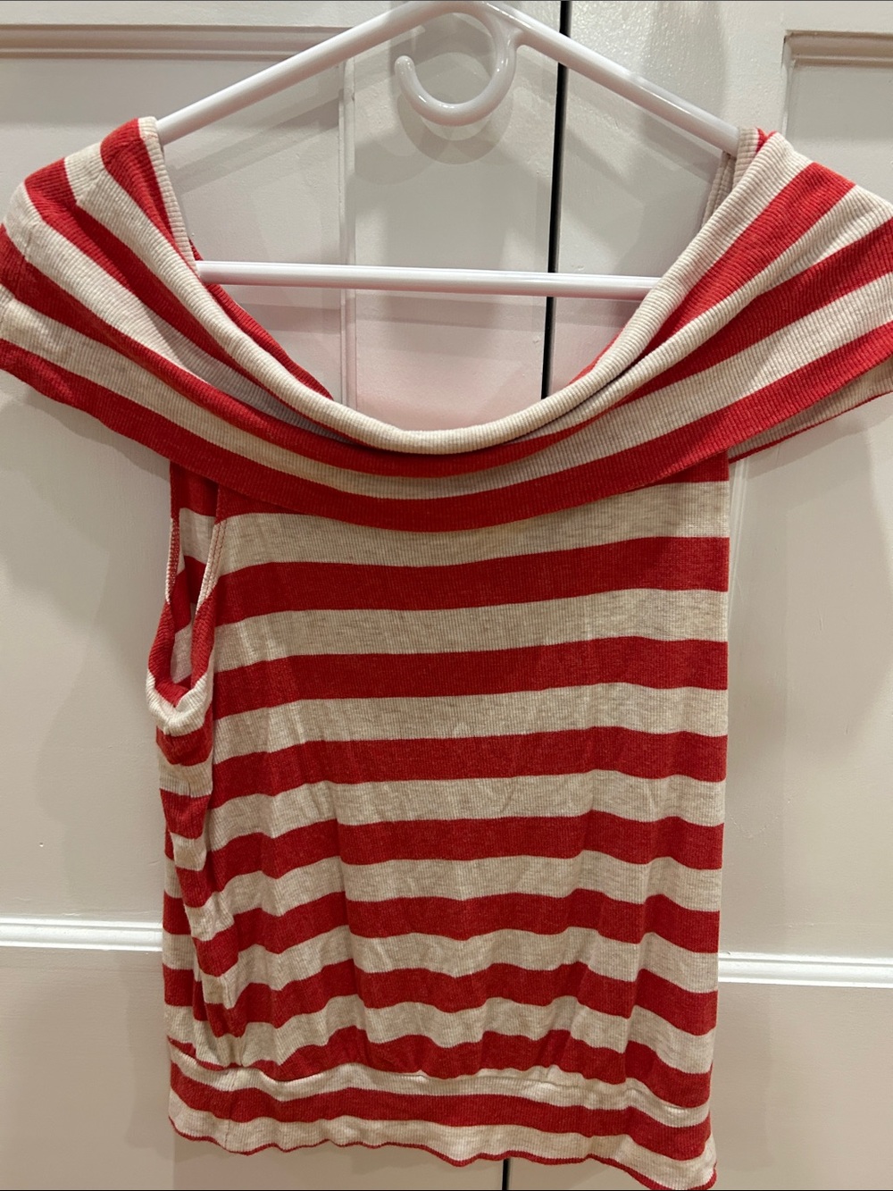 Bordeaux Red and Cream Striped Off-Shoulder Tank